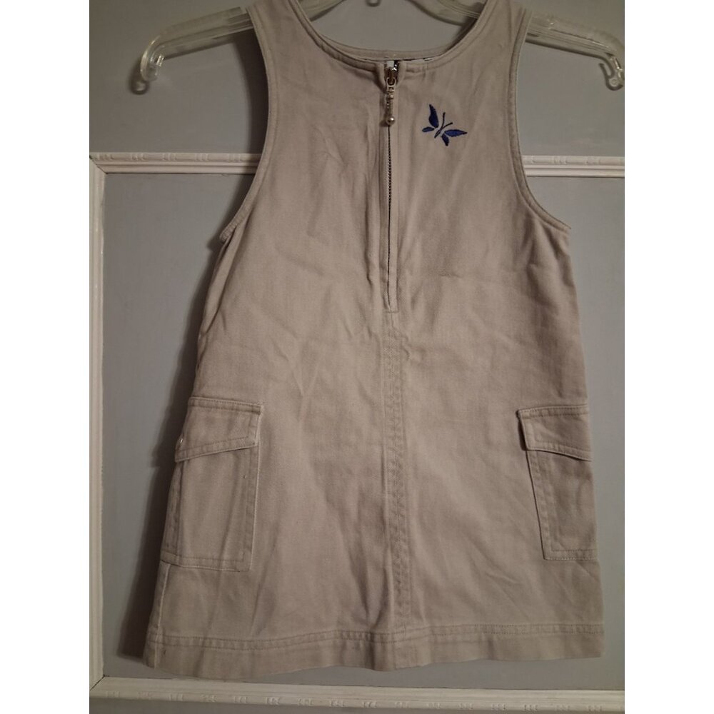 Vtg In Design Girls Size 5 Dress Tan w/Embroidered Butterfly 1/4 Zip Side Pocket